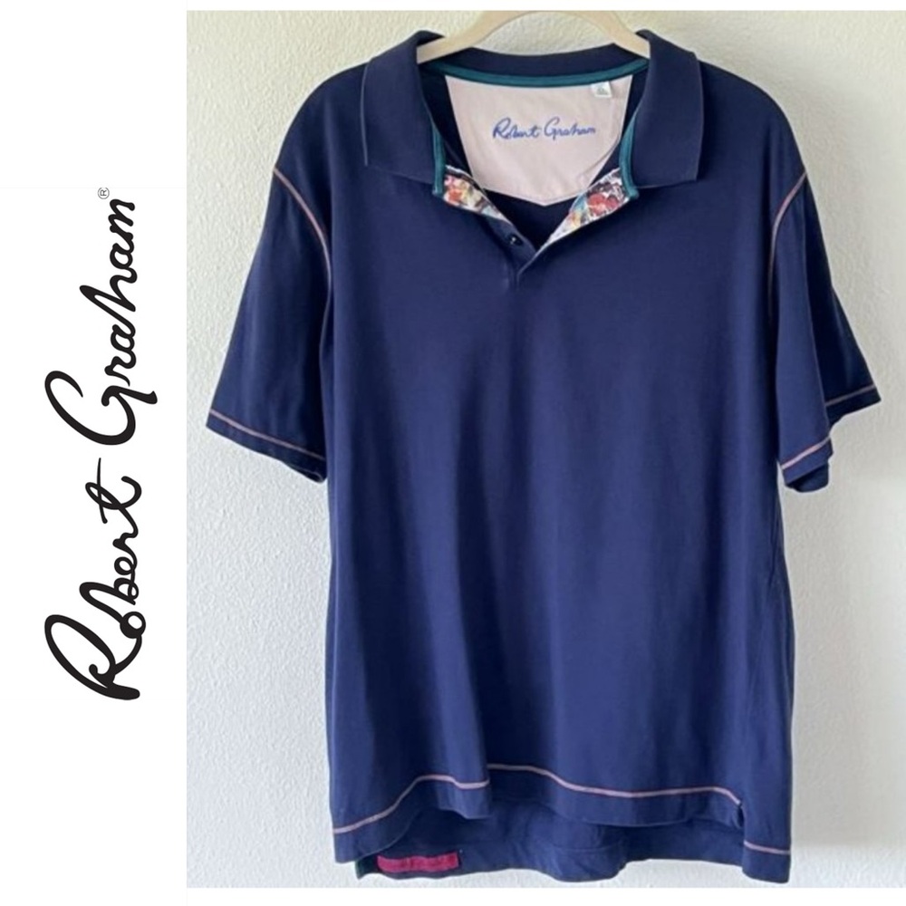 Robert Graham Blue Floral Polo Tee Classic Fit Filmar Size XL